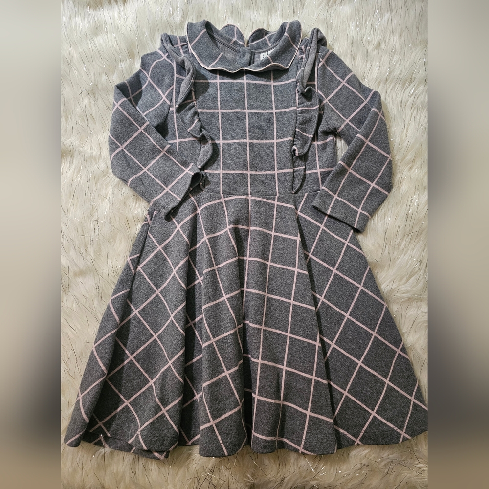Janie and Jack Gray Dress with Pink Grid Pattern Sz 8 Ruffle Detail Fit & Flare